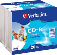  CD-R Verbatim 700Mb 52x, 20 ., AZO Wide Inkjet Printable, Slim Case (43424)