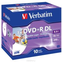 DVD+R Verbatim 8.5 , 2.4x, 10 , Jewel Case, Double Layer, Printable, (43517),  DVD 