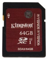   64Gb SDXC Kingston (SDA3/64GB), Class 10, UHS-I, U3, R90 - W80 Mb/s, RTL