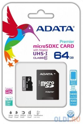   ADATA Premier (AUSDX64GUICL10-RA1) microSDXC Memory Card 64Gb UHS-I U1 + microSD--)SD A