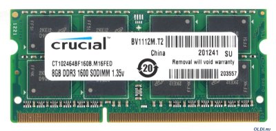  SO-DIMM DDR3 8Gb (pc-12800) 1600MHz Crucial, CL11, 1.35V/1.5V (Retail) (CT102464BF160B)