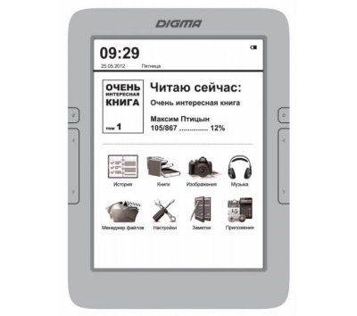   Digma T645 (Silver) (6", mono, 1024x758, 4Gb, FB2/PDF/DJVU/RTF/CHM/EPUB/JPG/BMP, m