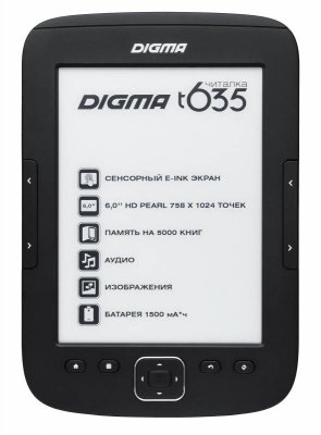   Digma T635 6" E-Ink HD Pearl capacitive touch 600Mhz 128Mb/4Gb/microSDHC 