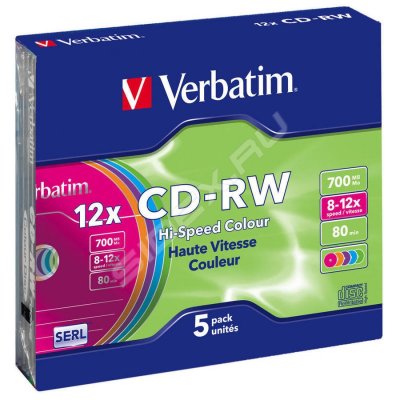  CD-RW Verbatim 700Mb 8-12x Slim Case Color (1 ) (5) (43167)