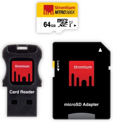   Strontium NITRO microSDXC Class 10 UHS-I U1 566X 64GB + SD adapter & USB Card Reader (S