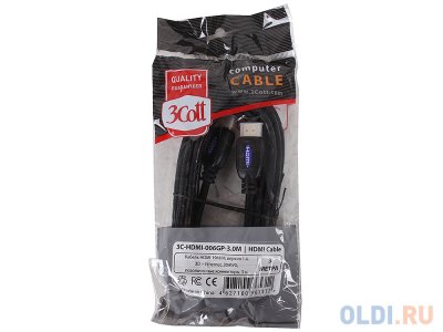  3Cott HDMI 19M/M 3C-HDMI-006GP-3.0M,  1.4, 3D + Ethernet, 30AWG,  