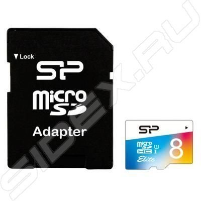   microSDHC Silicon Power Elite COLORED 8Gb +  (SP008GBSTHBU1V20SP)