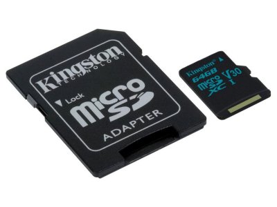   64GB - Kingston microSDHC Canvas Go 90R/45W U3 UHS-I V30 Card + SD Adapter SDCG2/64GB