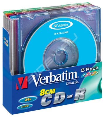  CD-R Verbatim 210 Mb 24x 8cm DataLife Slim Color (5 ) (43266)