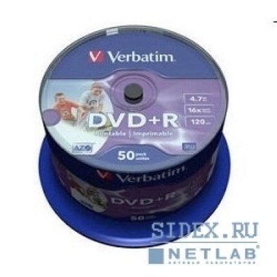  DVD+R Verbatim 4.7Gb 16  Printable ID Cake Box (50 ) (43651)