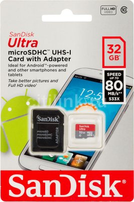   microSDHC 32Gb Class10 Sandisk SDSQUNC-032G-GN6MA Ultra Android 80MB/s + adapter