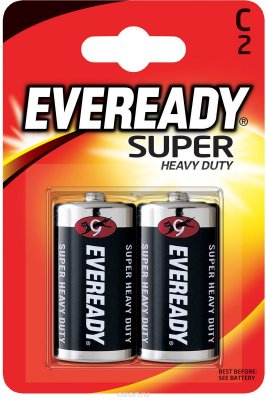   Eveready "Super Heavy Duty",  -R14, 1,5V, 2 