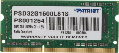  DDR3 2Gb 1600MHz Patriot PSD32G1600L81S RTL PC3-12800 SO-DIMM 204-pin