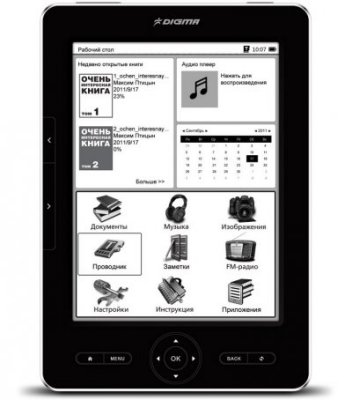   Digma s605t (Black) (6", mono, 800x600, FB2/PDF/DJVU/RTF/CHM/EPUB/DOC/XLS/JPG/BMP/