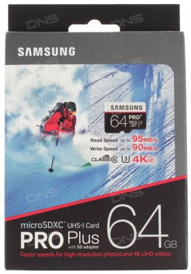   Samsung PRO Plus microSDXC 64Gb Class 10 UHS-I U3 + ADP (95/90 Mb/s)