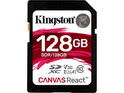   128GB - Kingston SDXC Canvas React 100R/80W CL10 UHS-I U3 V30 A1 SDR/128GB